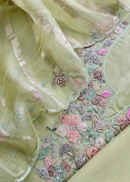 Pista Green Pure Kora Silk Suit With Dori Embroidery