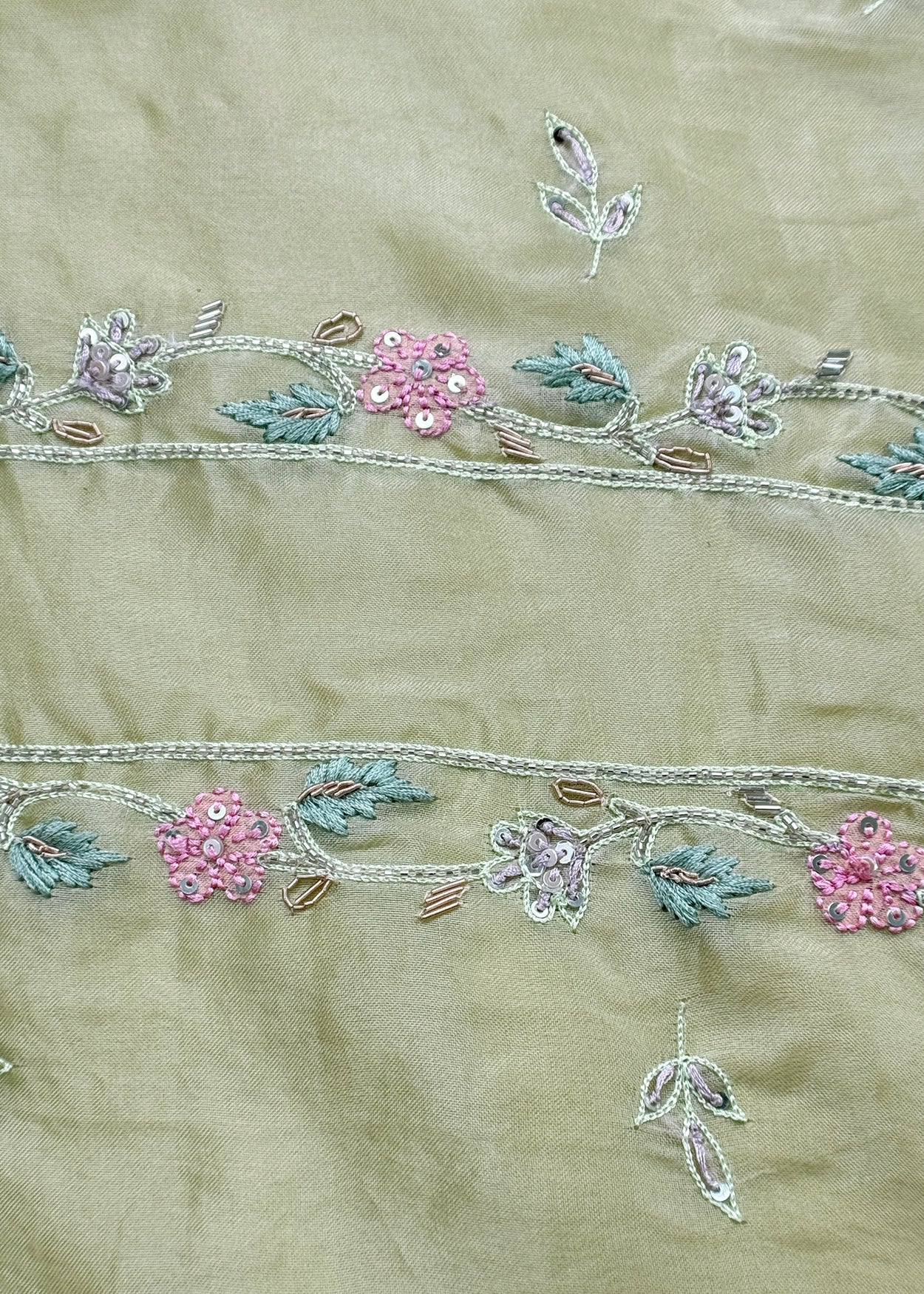 Pista Green Pure Kora Silk Suit With Dori Embroidery