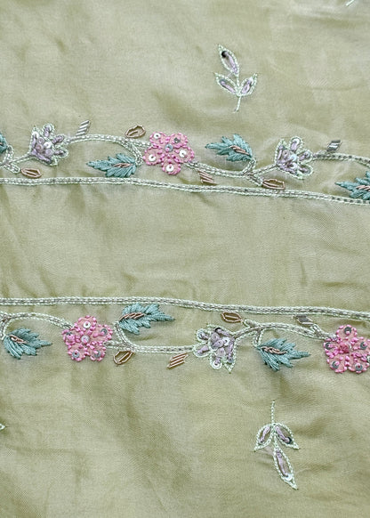 Pista Green Pure Kora Silk Suit With Dori Embroidery