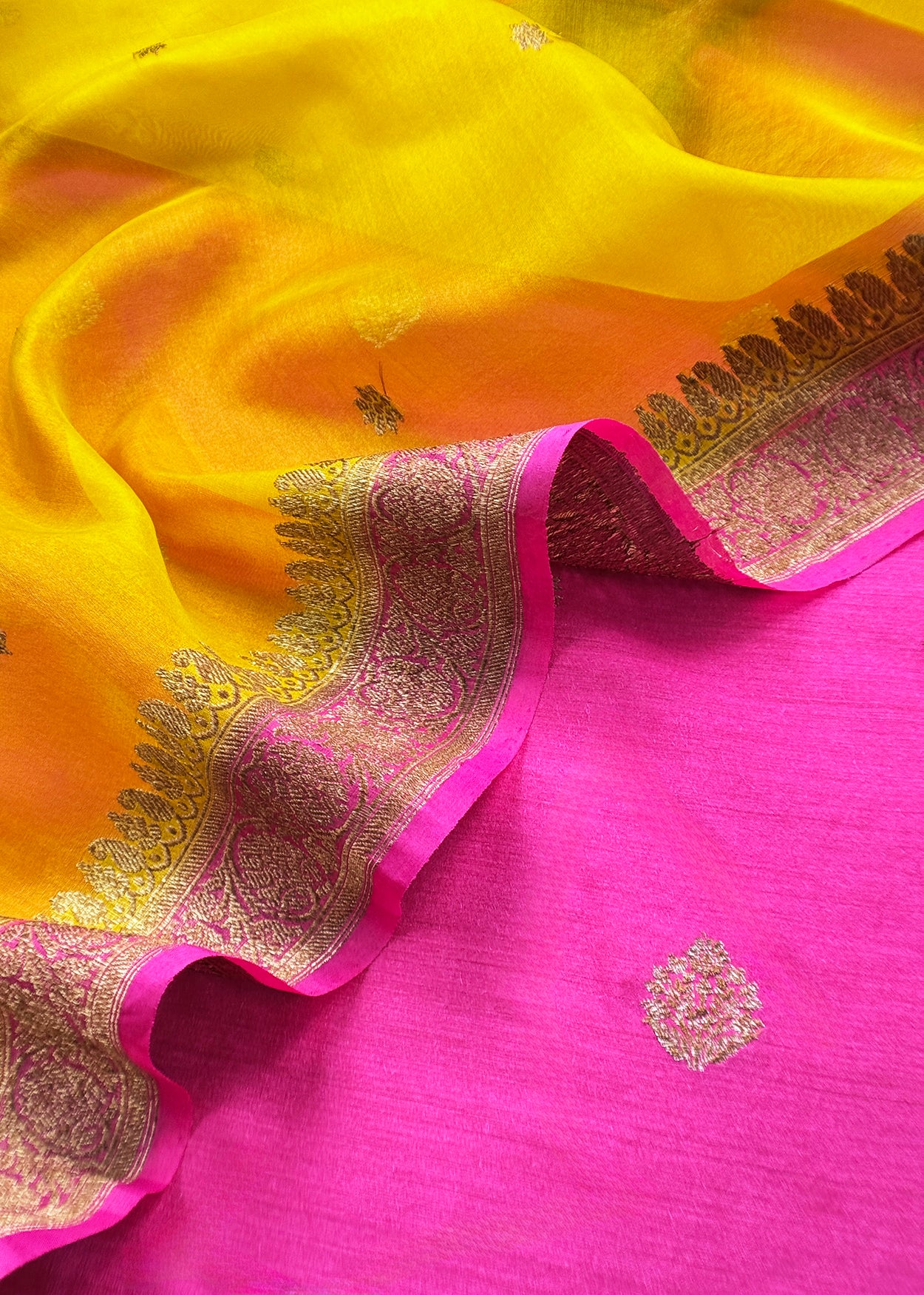 Pink Handloom Raw Silk Kurta And Kora Silk Dupatta With Gold Kadwa Weaving