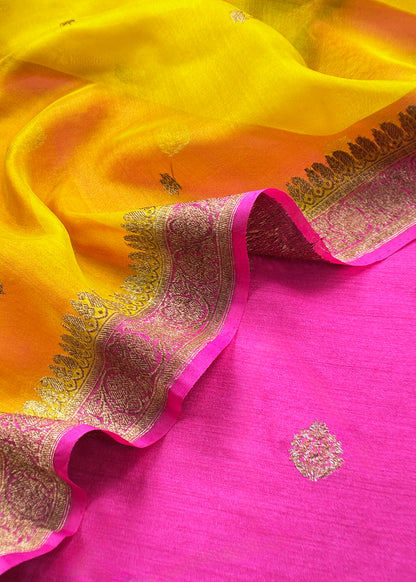 Pink Handloom Raw Silk Kurta And Kora Silk Dupatta With Gold Kadwa Weaving
