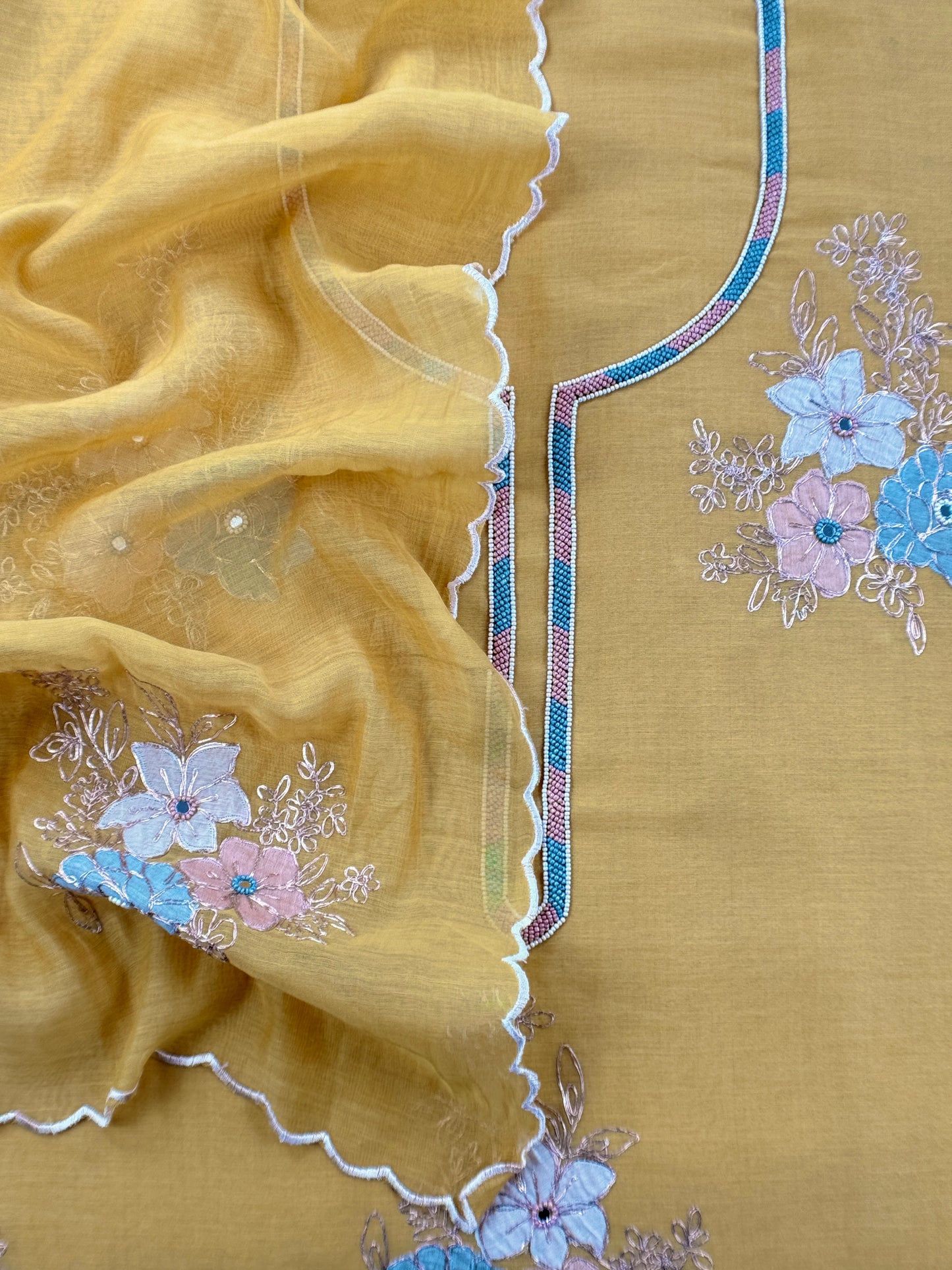 Corn Yellow Pure Mul Unstitched Suit Fabric With Pitta, Appliqué And Cutdana Handwork