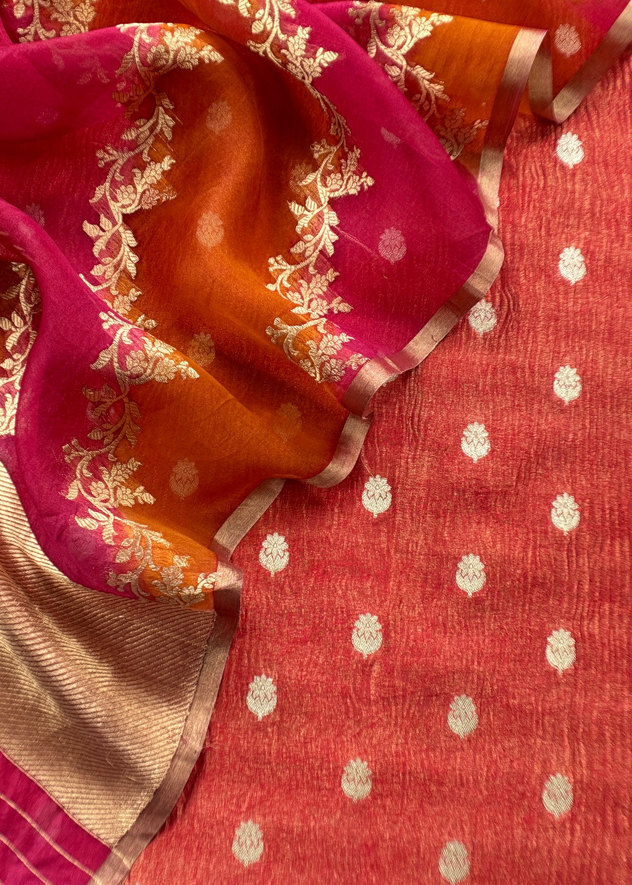 Luxe Chocolate Red Handloom Crushed Tissue Silk kurta and Rangkat Kora Silk Dupatta