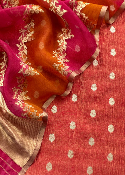 Luxe Chocolate Red Handloom Crushed Tissue Silk kurta and Rangkat Kora Silk Dupatta
