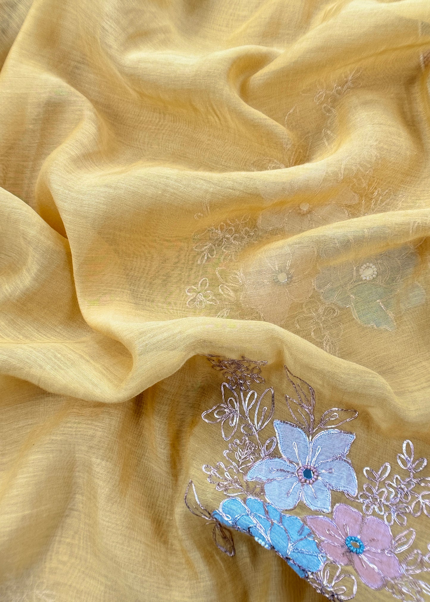 Corn Yellow Pure Mul Unstitched Suit Fabric With Pitta, Appliqué And Cutdana Handwork