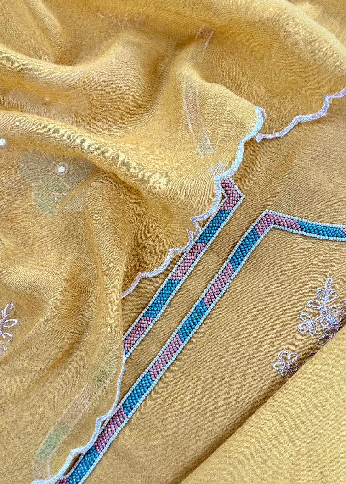 Corn Yellow Pure Mul Unstitched Suit Fabric With Pitta, Appliqué And Cutdana Handwork