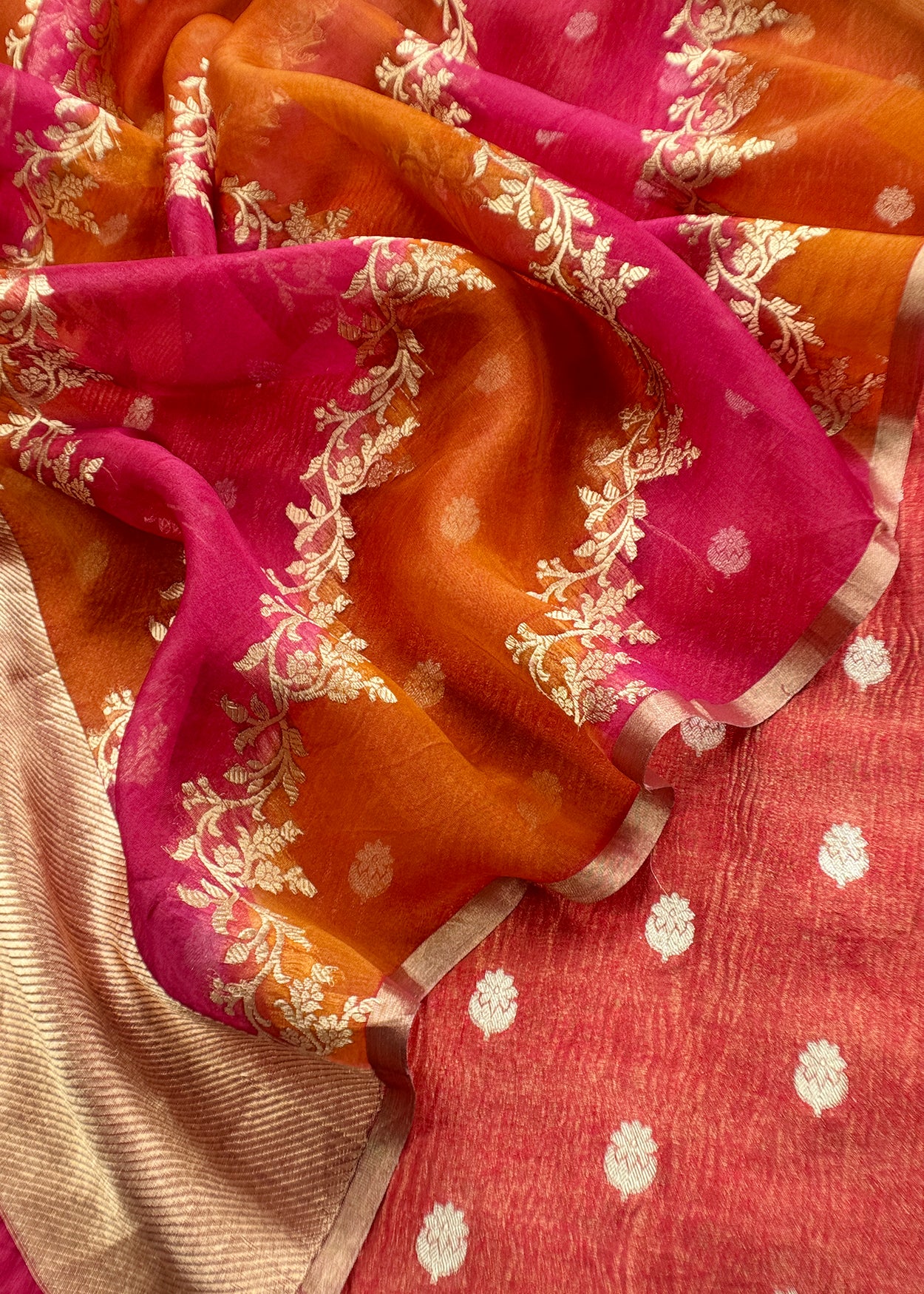 Luxe Chocolate Red Handloom Crushed Tissue Silk kurta and Rangkat Kora Silk Dupatta