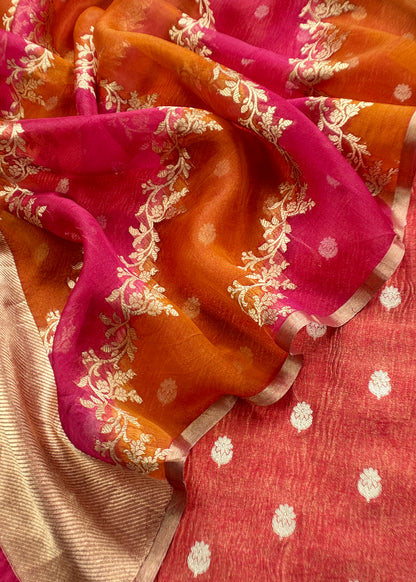 Luxe Chocolate Red Handloom Crushed Tissue Silk kurta and Rangkat Kora Silk Dupatta