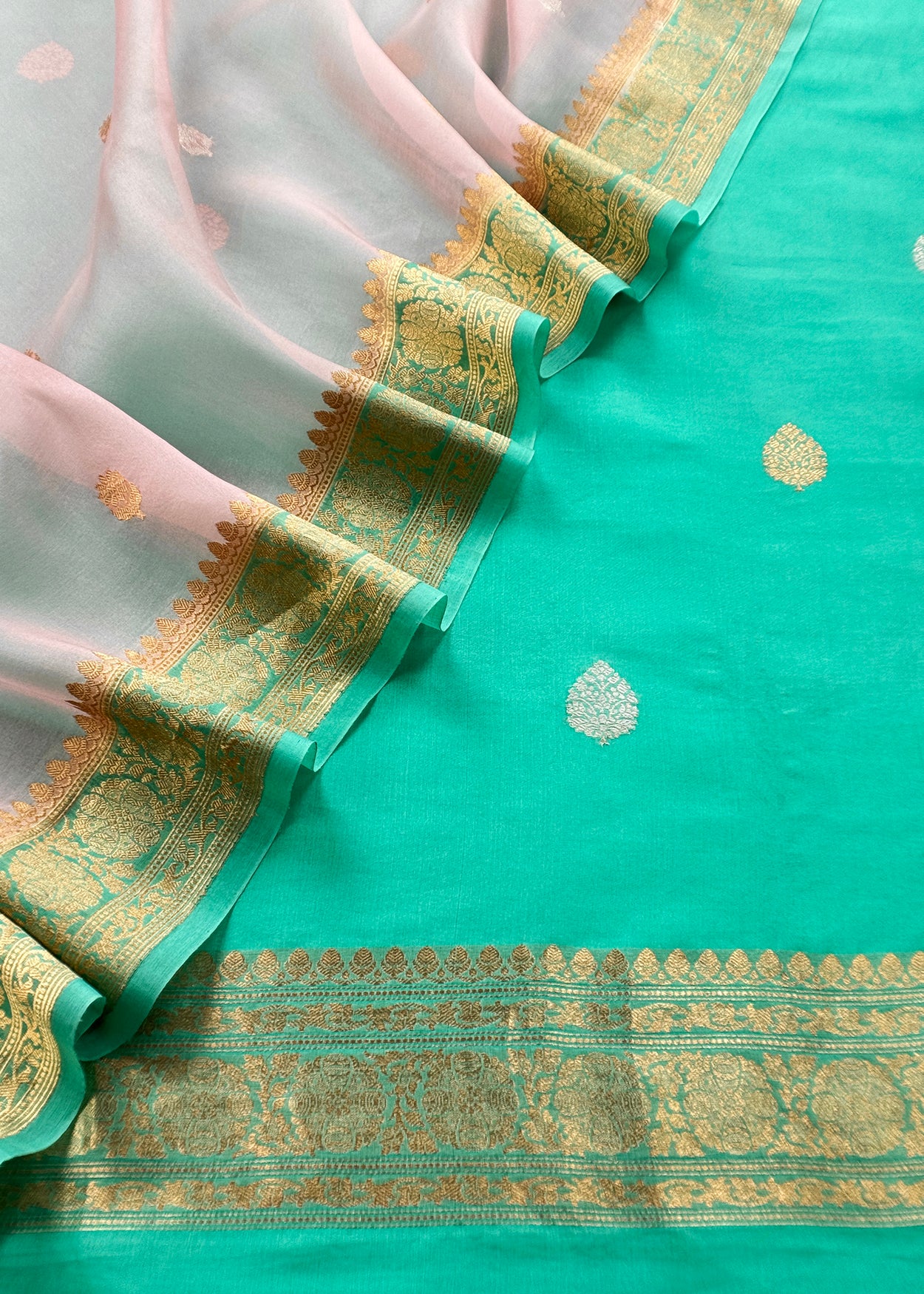 Turquoise Green Handloom Kadwa Weaves Kora Silk Kurta And Contrast Dupatta