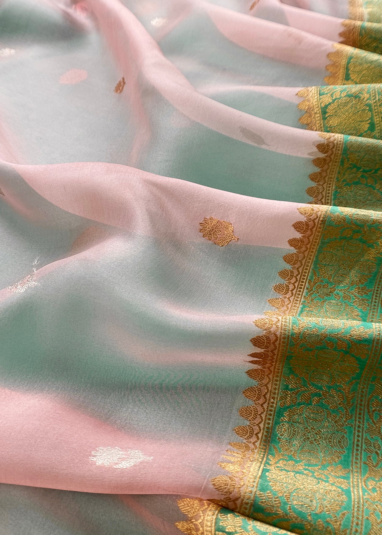 Turquoise Green Handloom Kadwa Weaves Kora Silk Kurta And Contrast Dupatta