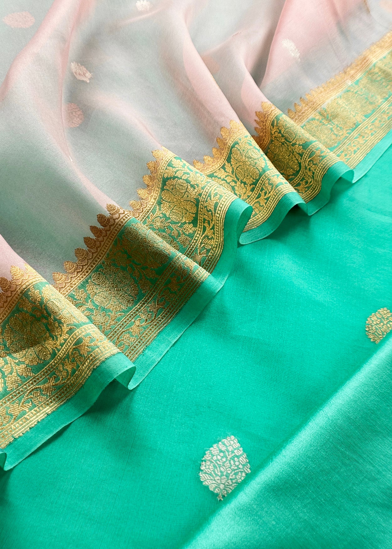Turquoise Green Handloom Kadwa Weaves Kora Silk Kurta And Contrast Dupatta
