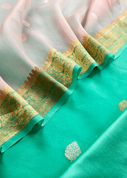 Turquoise Green Handloom Kadwa Weaves Kora Silk Kurta And Contrast Dupatta