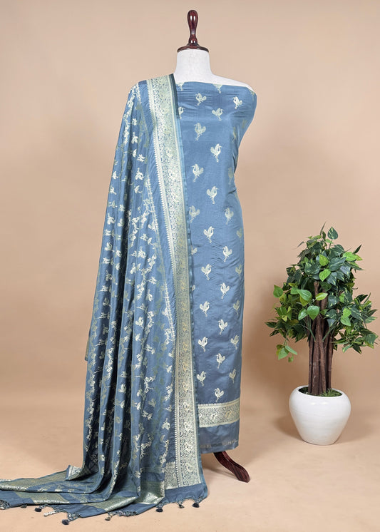 Blue Handloom Phool-Patti Weaving Suit In Katan Silk