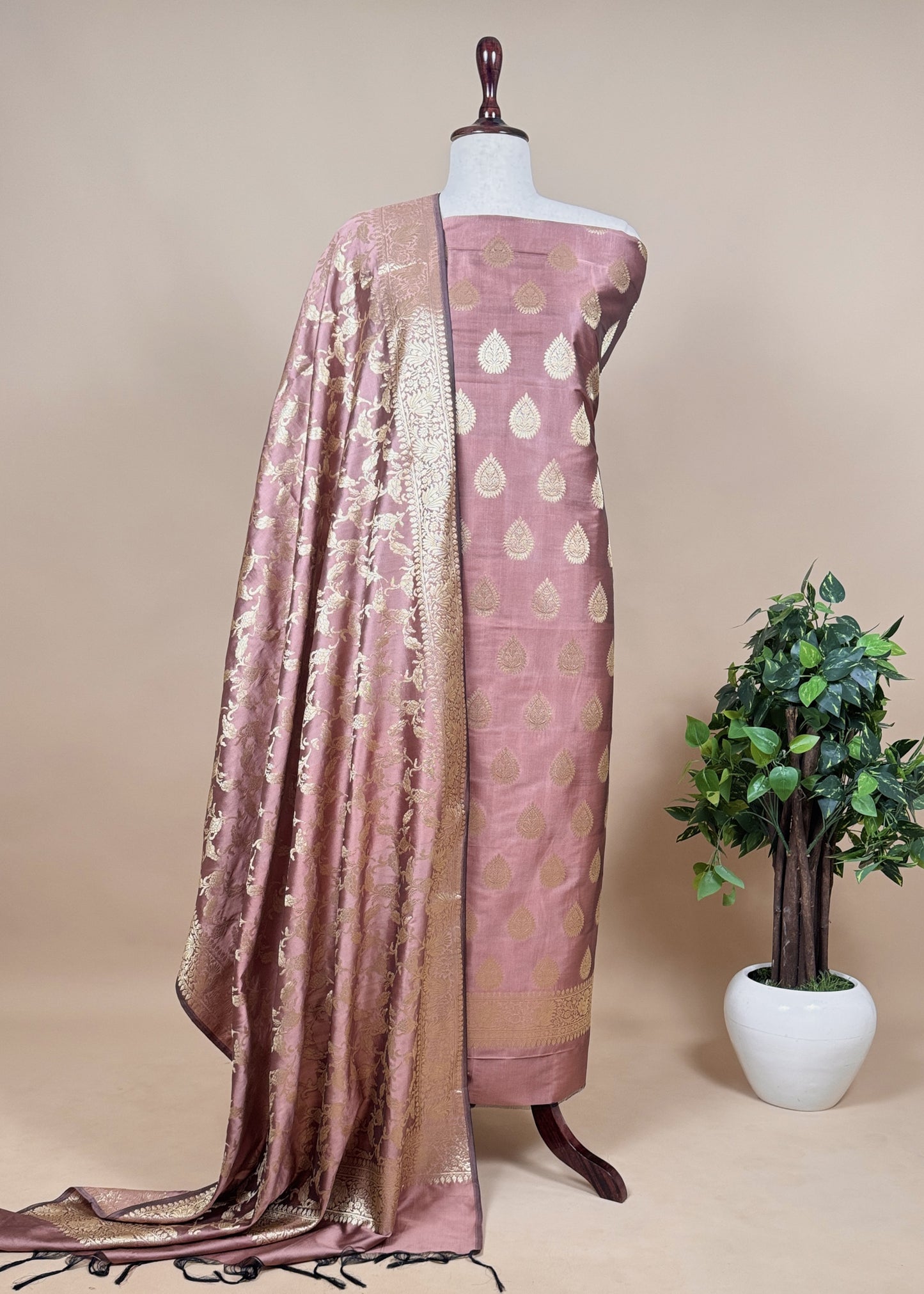 Blue Grey Banarasi Mashru Silk Unstitched Dupatta-Suit