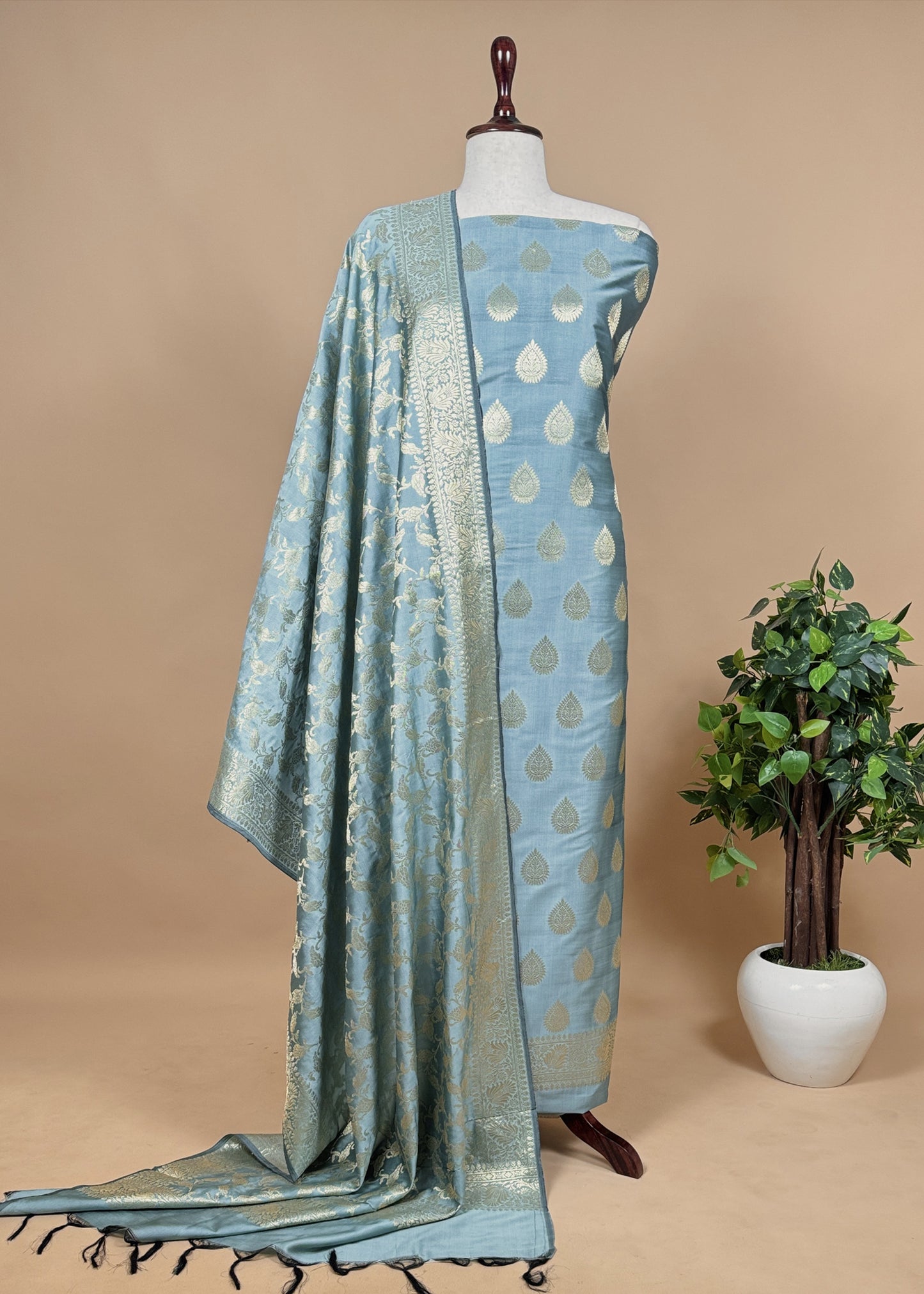 Blue Grey Banarasi Mashru Silk Unstitched Dupatta-Suit