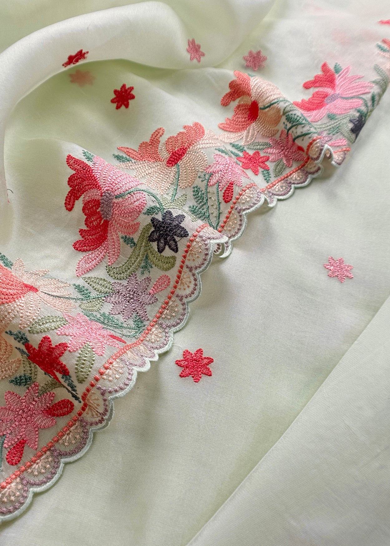Light Green Pure Kora Silk Suit With Machine Embroidery