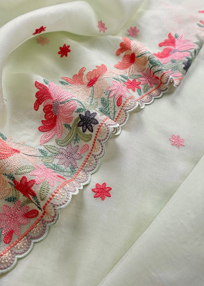 Light Green Pure Kora Silk Suit With Machine Embroidery