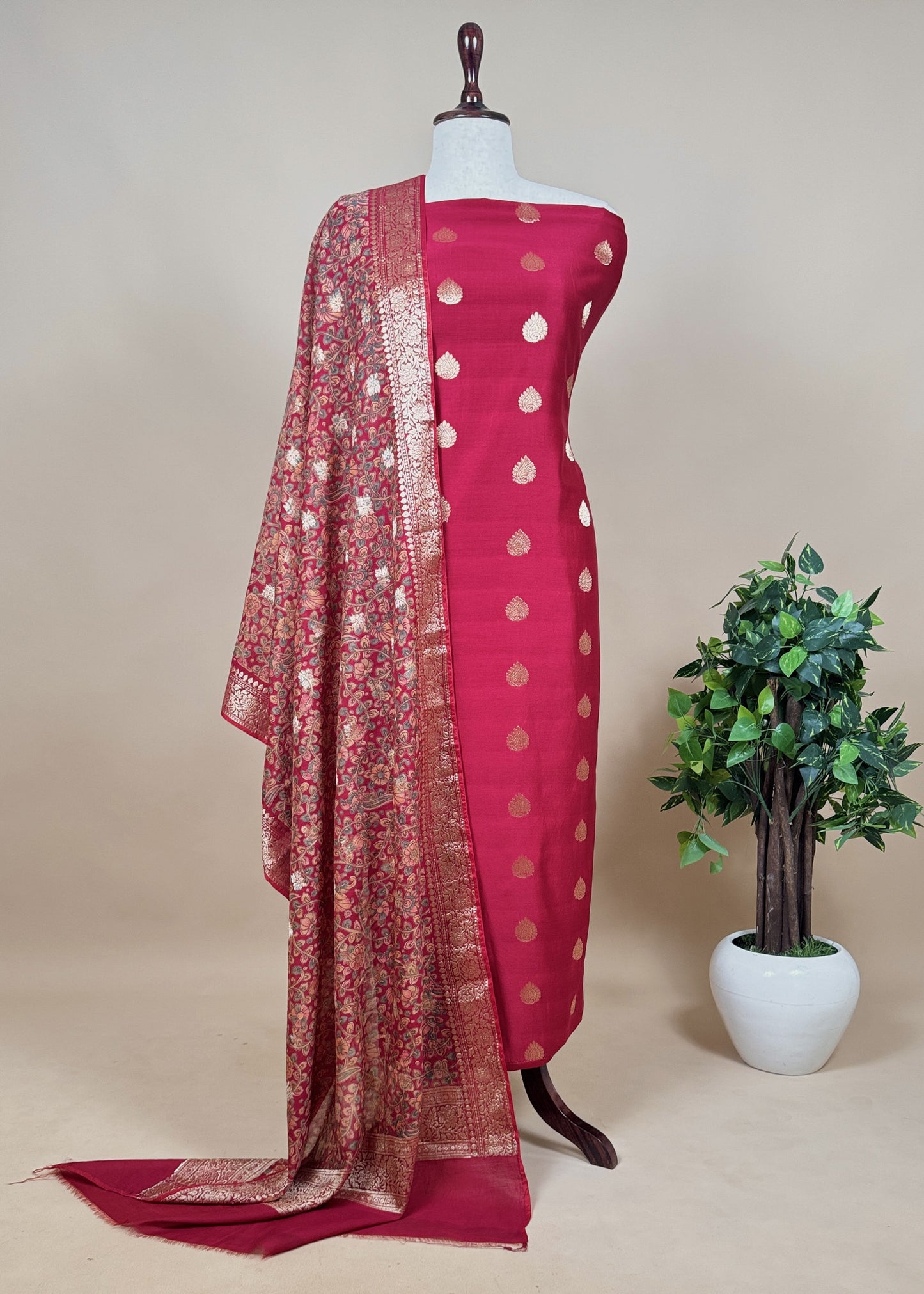 Orange Banarasi Suit With Kalamkari Dupatta