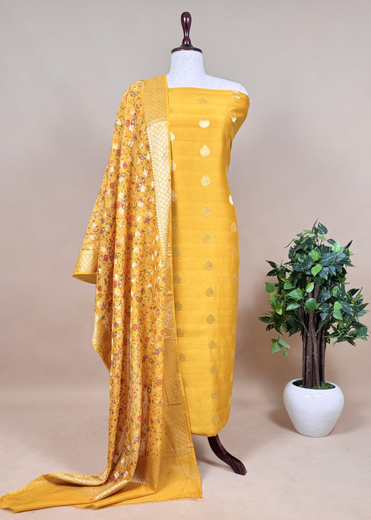 Yellow Banarasi Suit With Kalamkari Dupatta