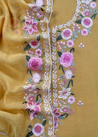 Yellow Pure mulmul Unstitched Suit Fabric With Floral Resham Embroidery