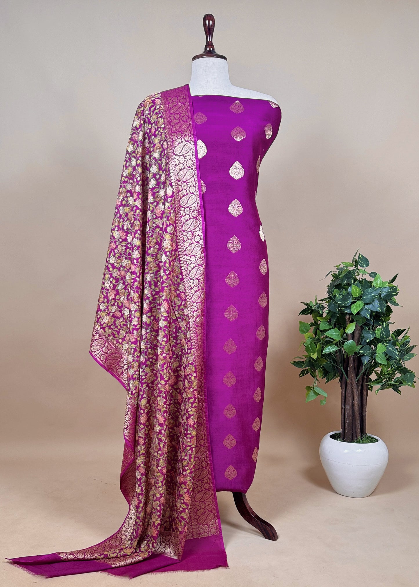 Yellow Banarasi Suit With Kalamkari Dupatta