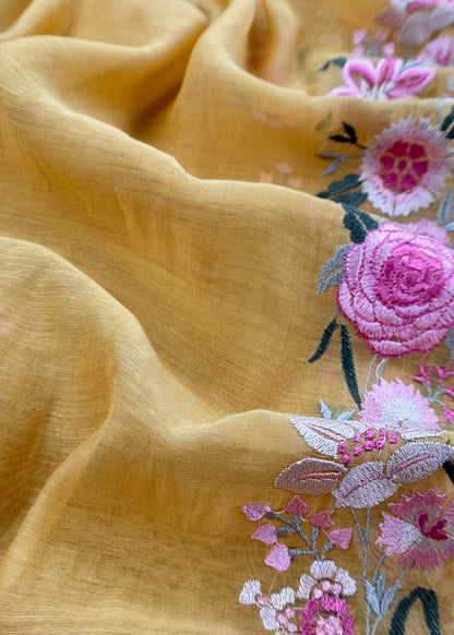 Yellow Pure mulmul Unstitched Suit Fabric With Floral Resham Embroidery