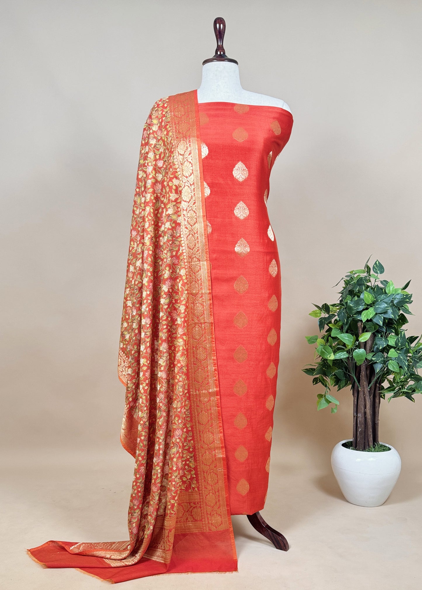 Orange Banarasi Suit With Kalamkari Dupatta