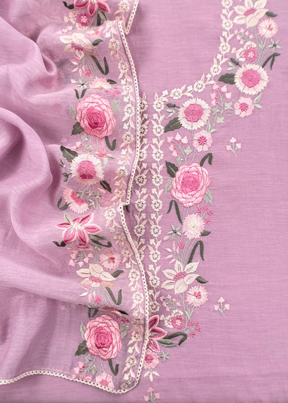 Lilac Pure Mulmul Unstitched Suit Fabric With Floral Resham Embroidery
