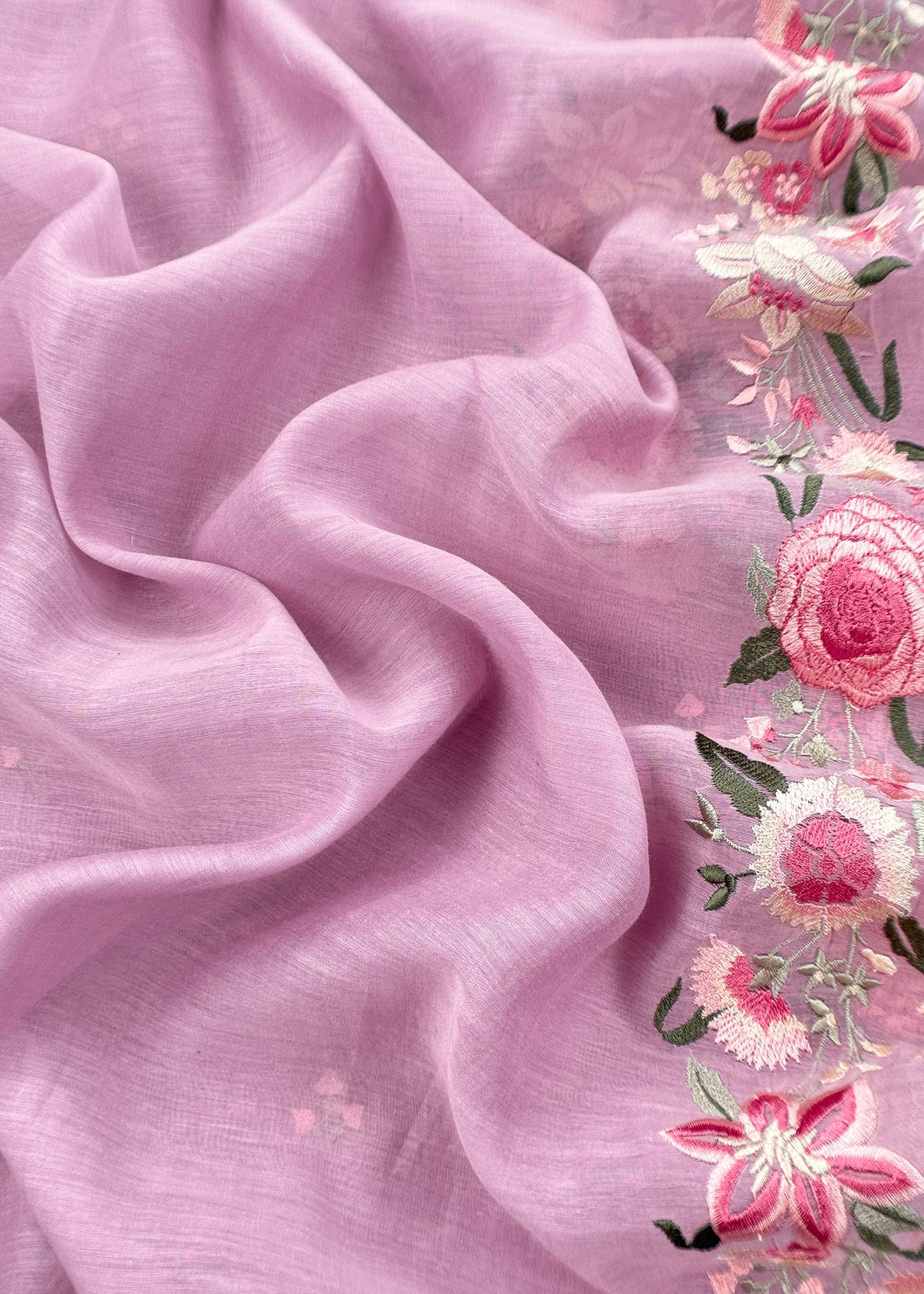 Lilac Pure Mulmul Unstitched Suit Fabric With Floral Resham Embroidery