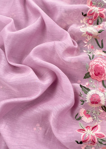 Lilac Pure Mulmul Unstitched Suit Fabric With Floral Resham Embroidery