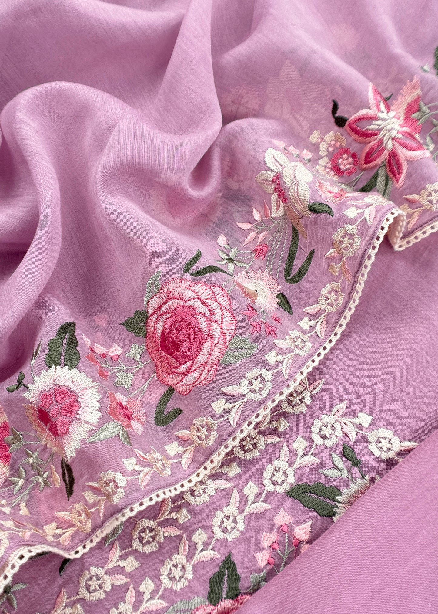 Lilac Pure Mulmul Unstitched Suit Fabric With Floral Resham Embroidery