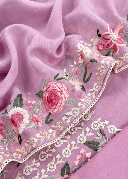 Lilac Pure Mulmul Unstitched Suit Fabric With Floral Resham Embroidery