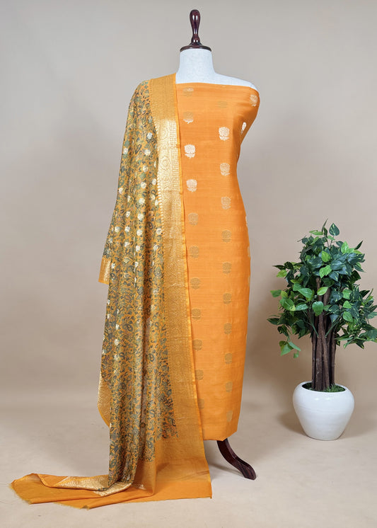 Orange Banarasi Suit With Kalamkari Dupatta