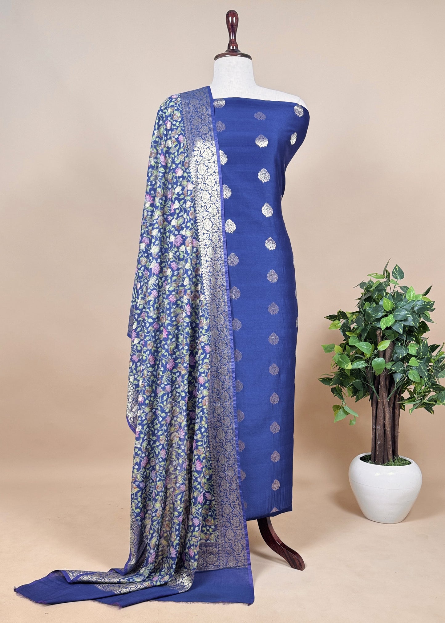 Purple Blue Banarasi Suit With Kalamkari Dupatta