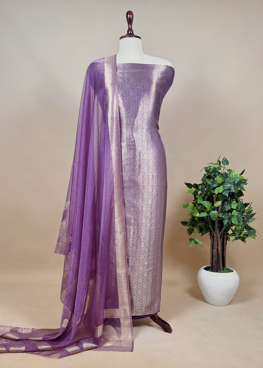 Purple Brocade Kurta With Organza Dupatta