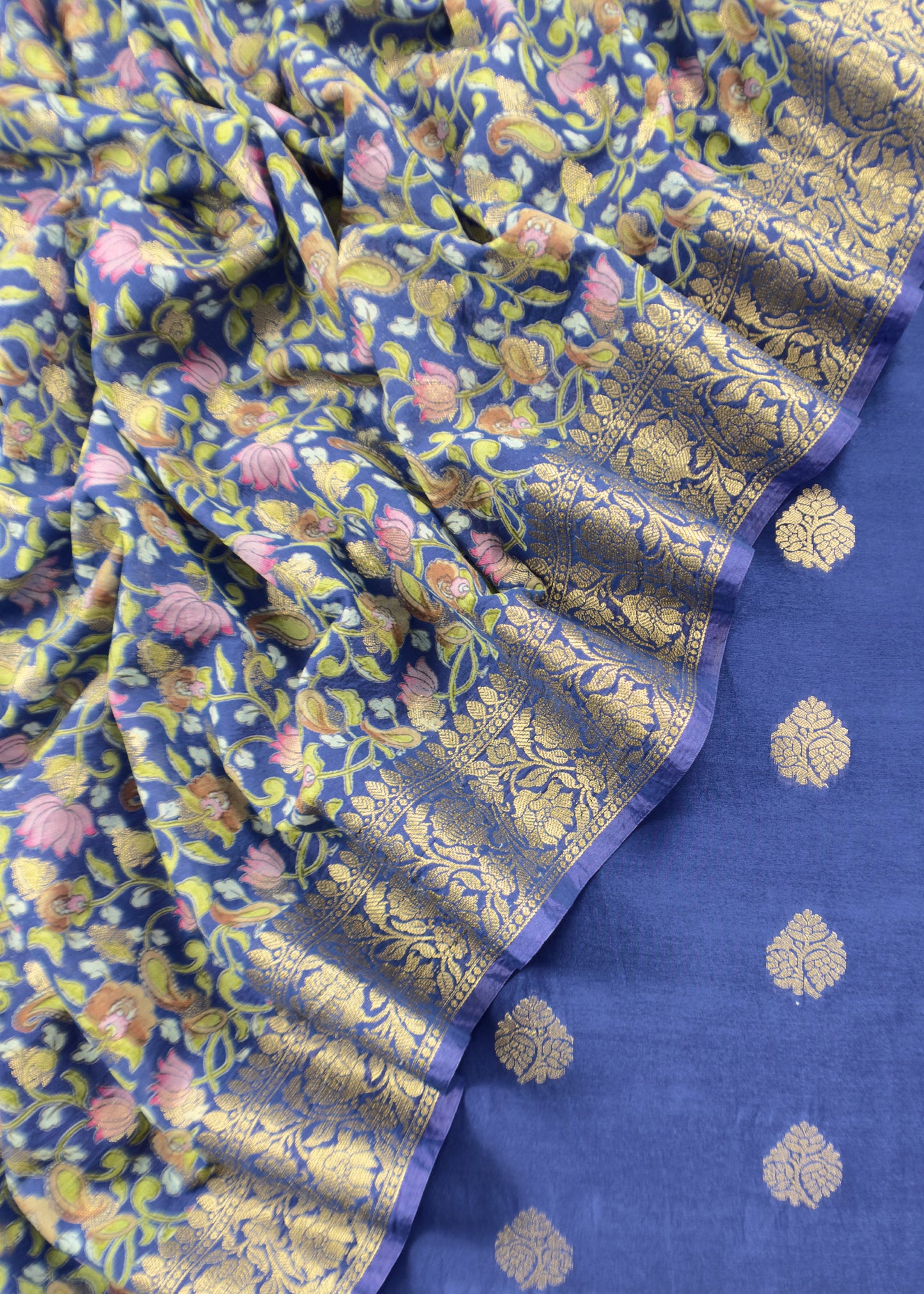 Purple Blue Banarasi Suit With Kalamkari Dupatta