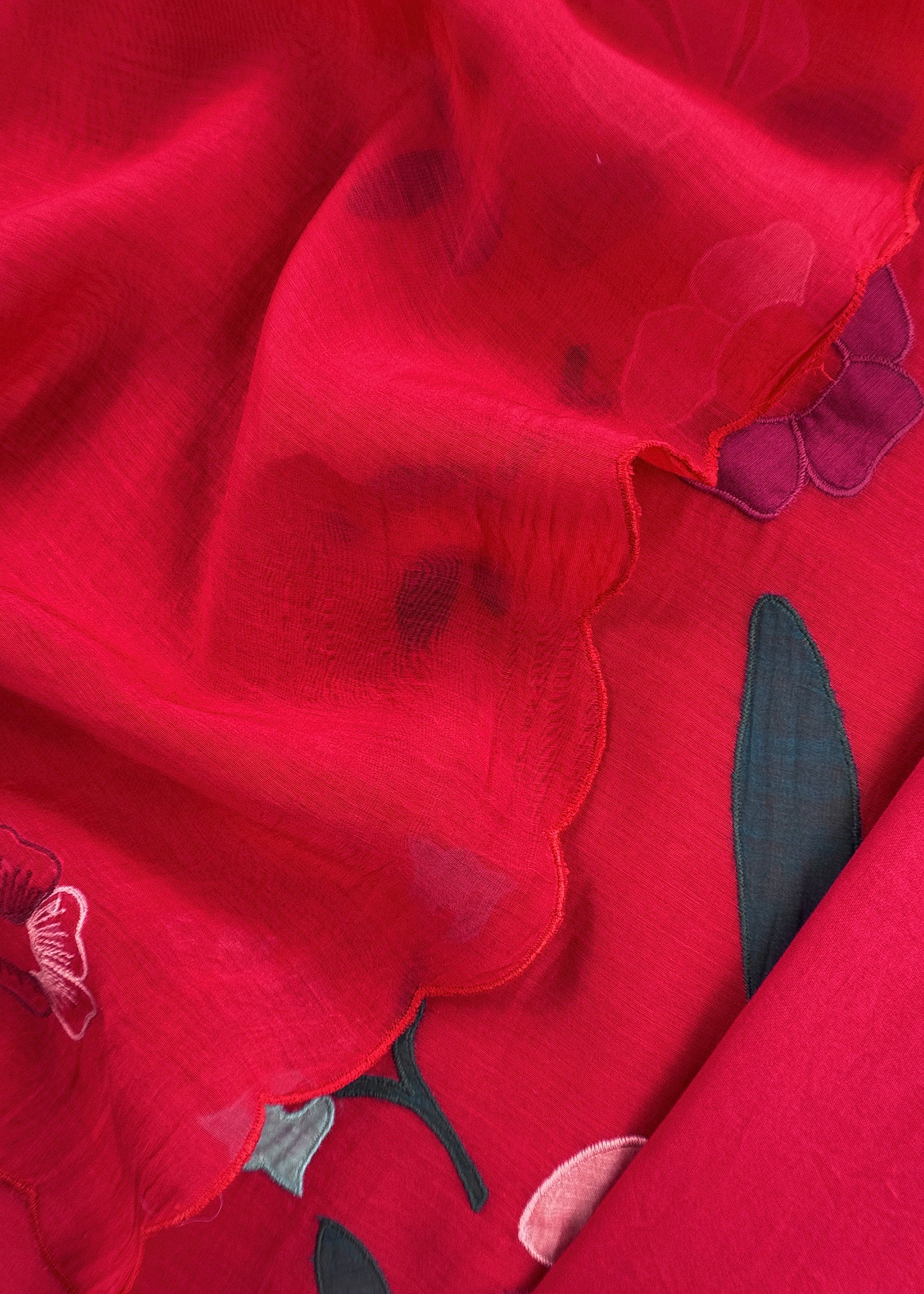 Cherry Red Pure Mulmul Suit Fabric With Appliqué Work