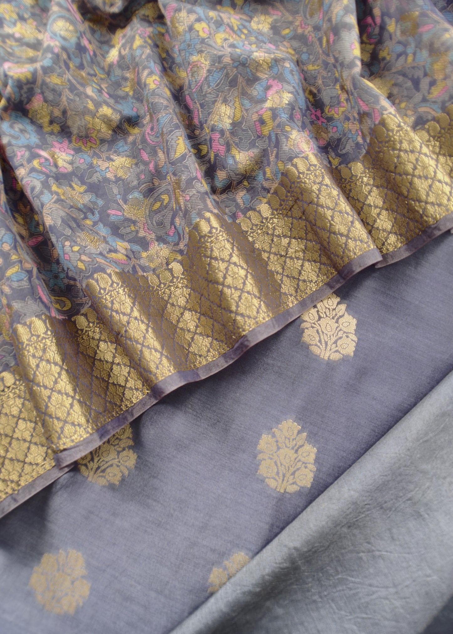 Grey Banarasi Suit With Kalamkari Dupatta