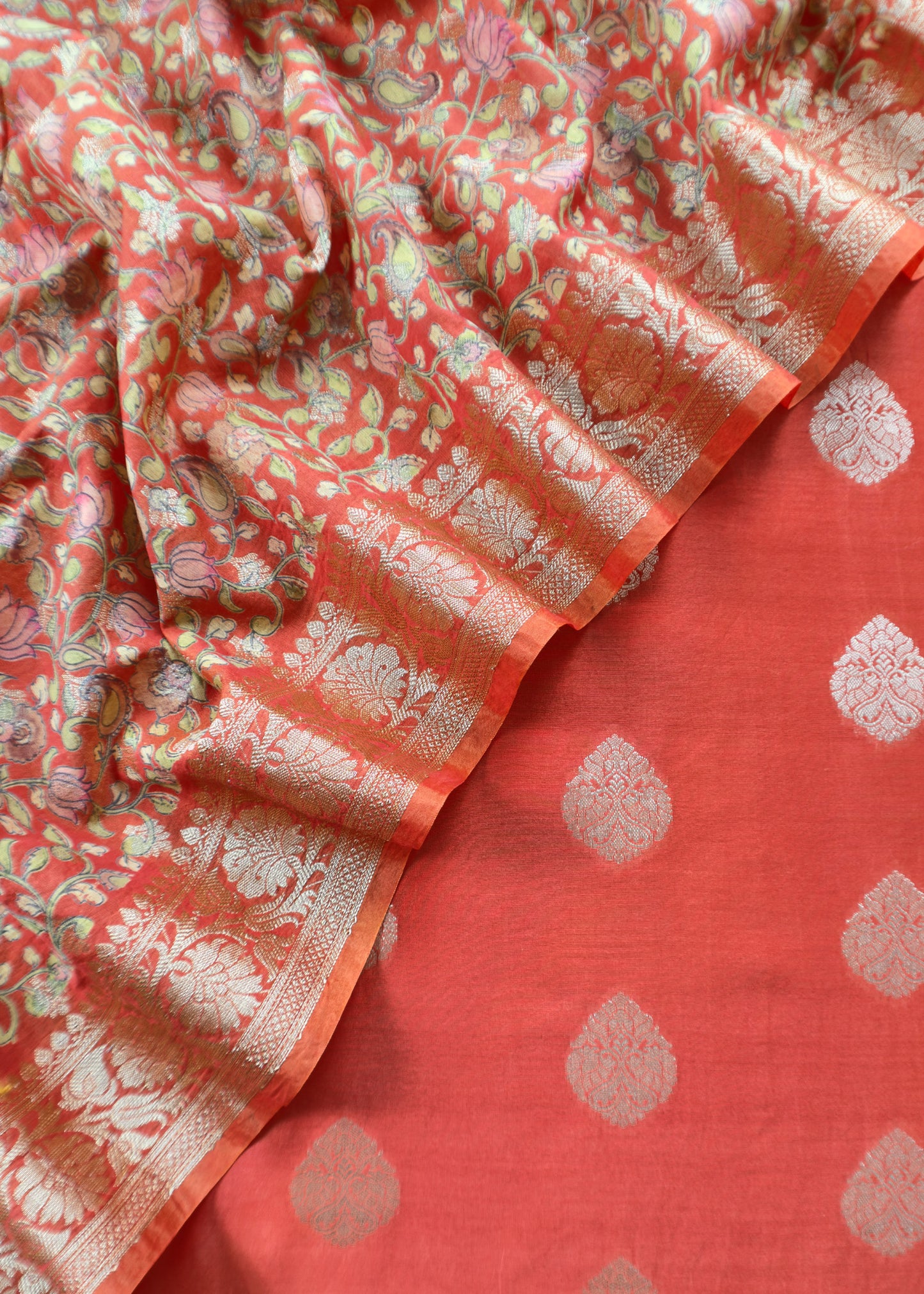 Orange Banarasi Suit With Kalamkari Dupatta