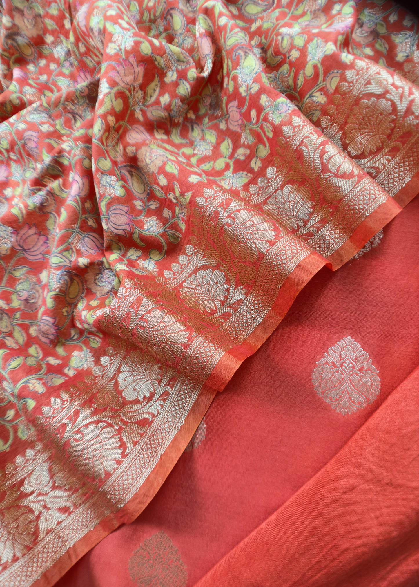 Orange Banarasi Suit With Kalamkari Dupatta