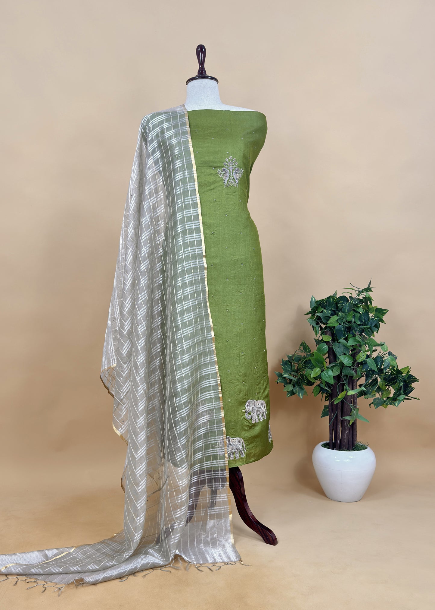 Pear Green Shikagarh Tales Desi Tussar Suit And Tissue Woven Dupatta With Handwork