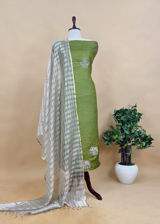Pear Green Shikagarh Tales Desi Tussar Suit And Tissue Woven Dupatta With Handwork