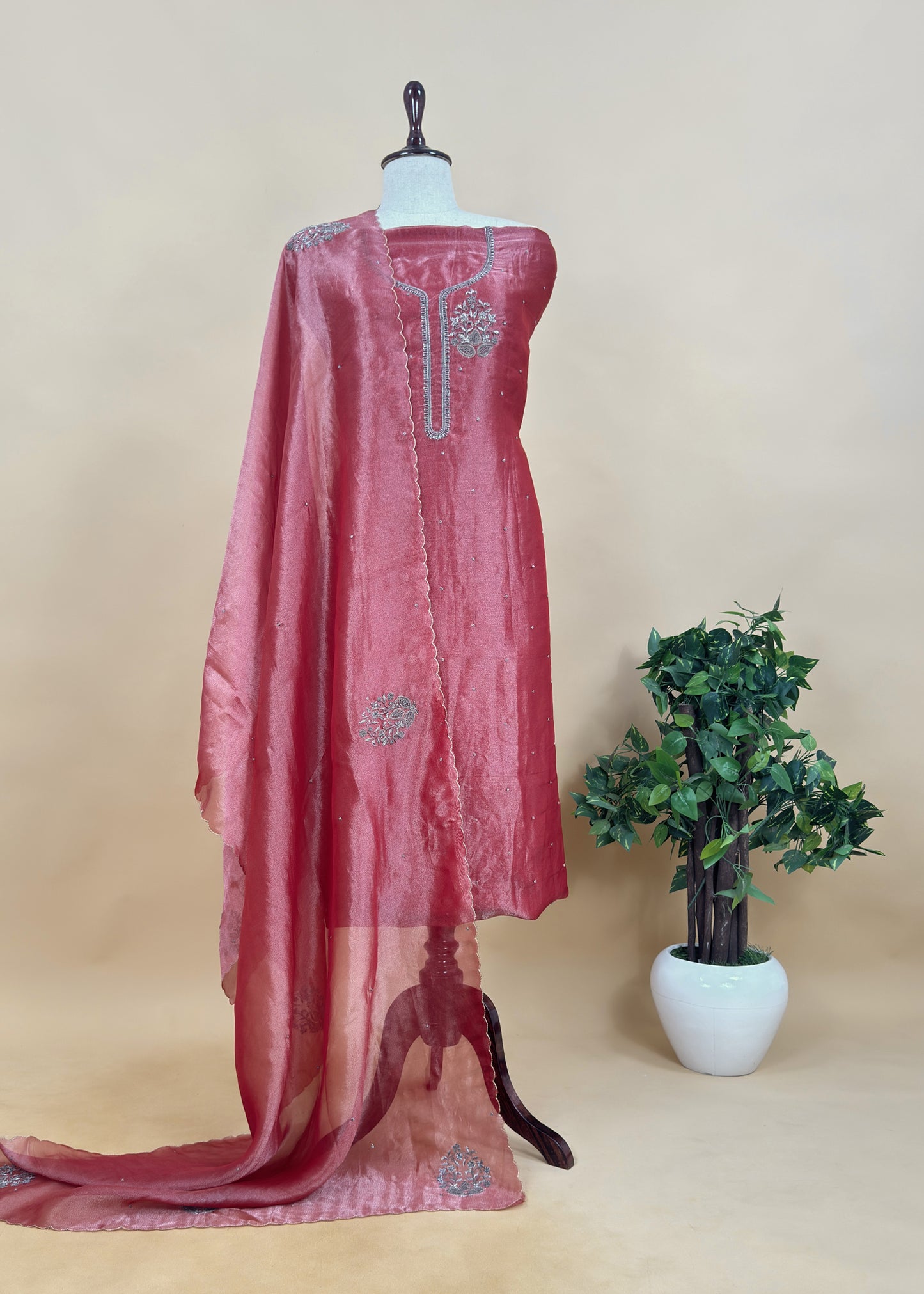 Metallic Red Handloom Tissue Silk Suit with Babka Handwork