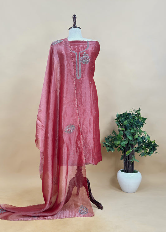 Metallic Red Handloom Tissue Silk Suit with Babka Handwork