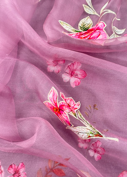 lavender Pure Mulmul Suit With Applique Work Organza Dupatta
