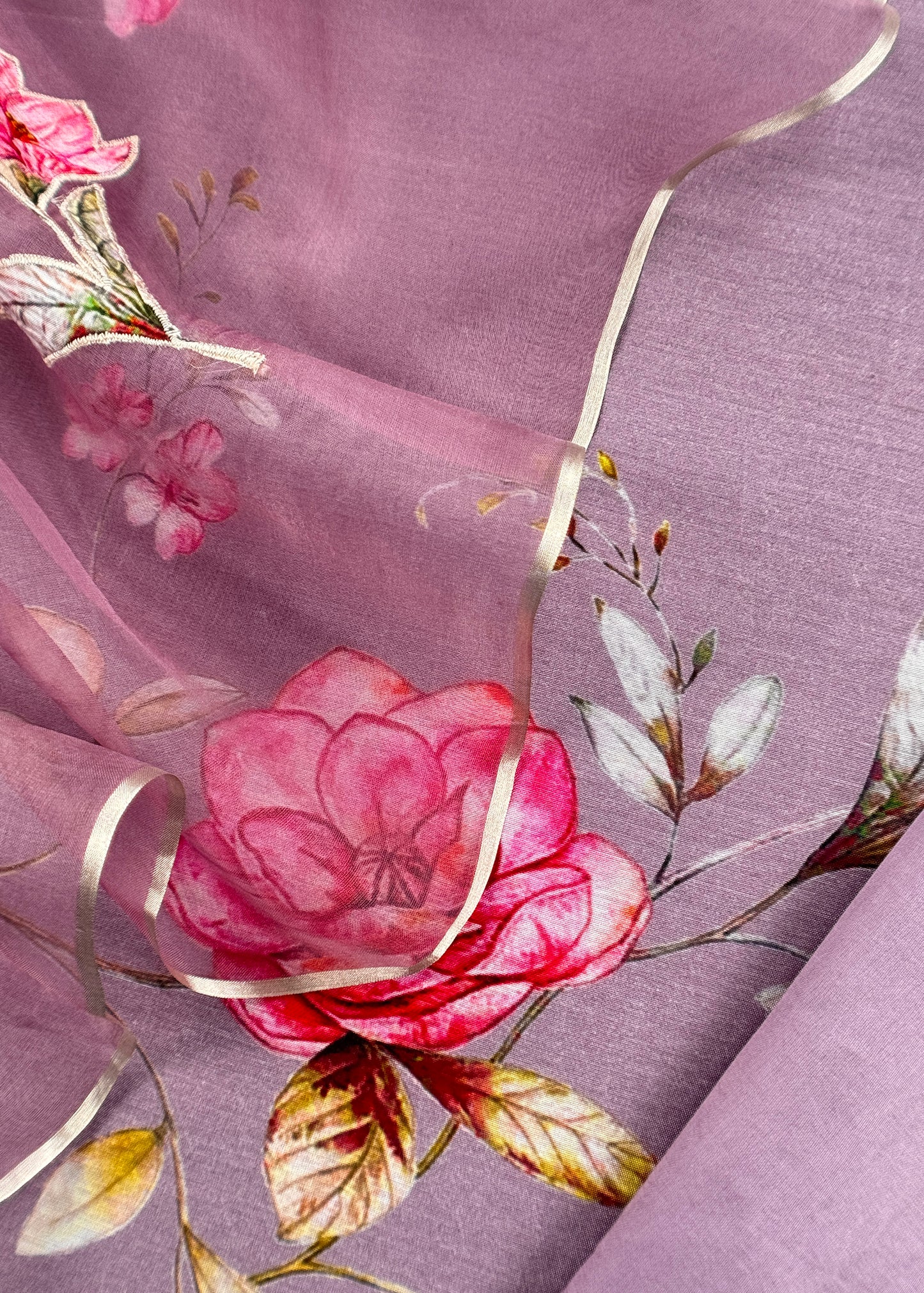 lavender Pure Mulmul Suit With Applique Work Organza Dupatta