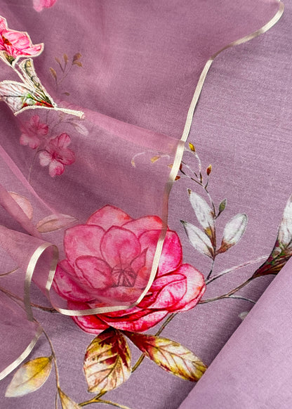 lavender Pure Mulmul Suit With Applique Work Organza Dupatta