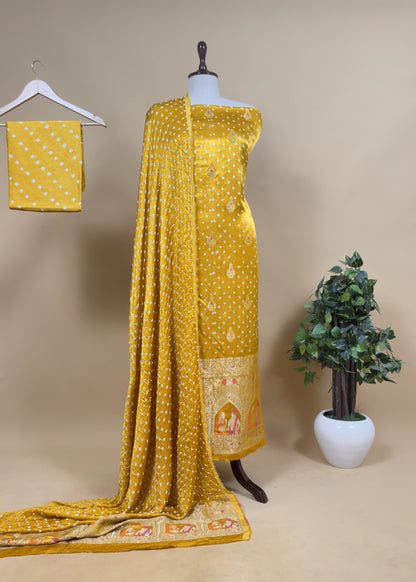 Heer Marigold Yellow Pure Gajji Silk Bandhani Suit With Gold Banarasi Weaving