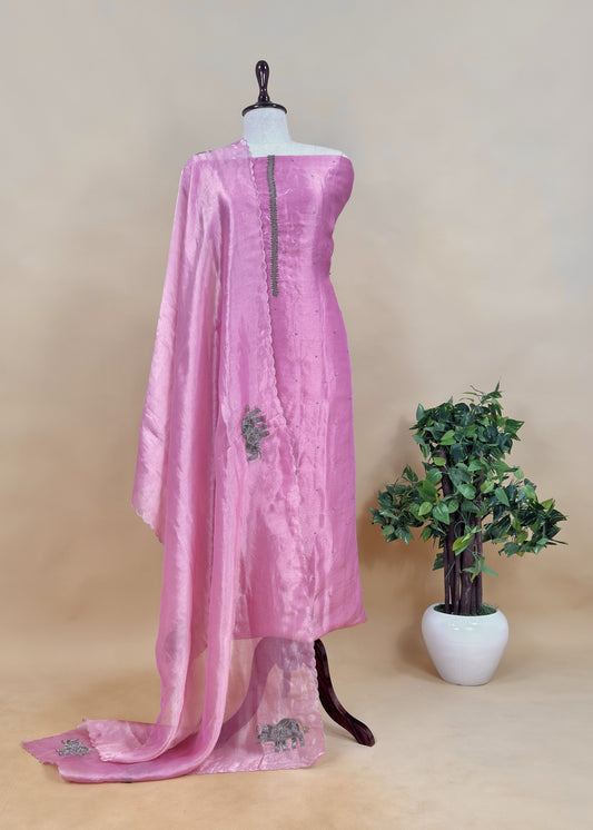 Pink Pure Tissue Silk Suit With Dori Hand Embroidery