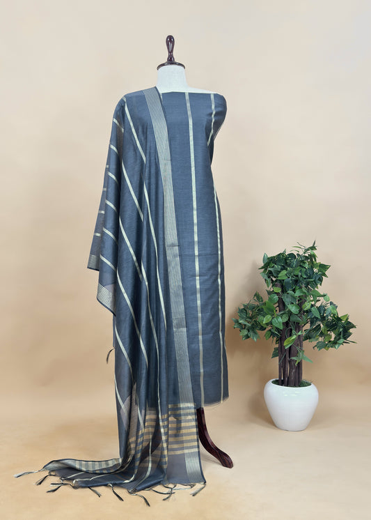 Grey Banarasi Chanderi Silk Suit With Zari Work